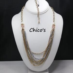 Chico's Pink Crystal Faux Pearl Multi-Strand Chain Necklace, 27 Inches